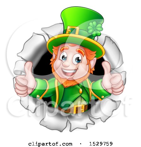 Clipart of a St Patricks Day Leprechaun Giving Two Thumbs up and Breaking Through a Hole in a Wall - Royalty Free Vector Illustration by AtStockIllustration