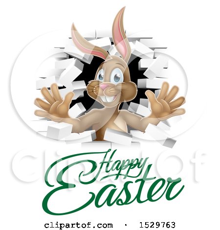 Clipart of a Happy Easter Greeting Under a White Bunny Rabbit Breaking Through a White Brick Wall - Royalty Free Vector Illustration by AtStockIllustration