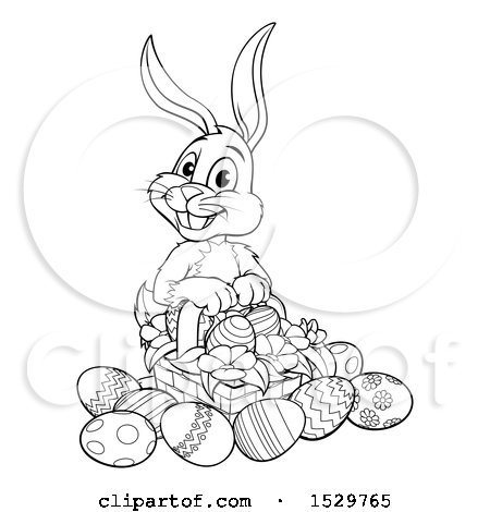 Clipart of a Black and White Bunny Rabbit with a Basket of Easter Eggs and Flowers - Royalty Free Vector Illustration by AtStockIllustration