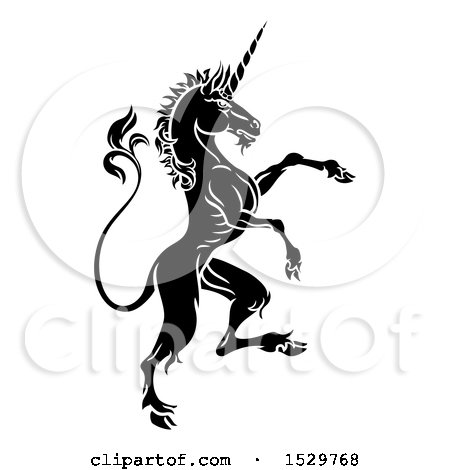 Clipart of a Black and White Heraldic Rampant Unicorn in Profile - Royalty Free Vector Illustration by AtStockIllustration