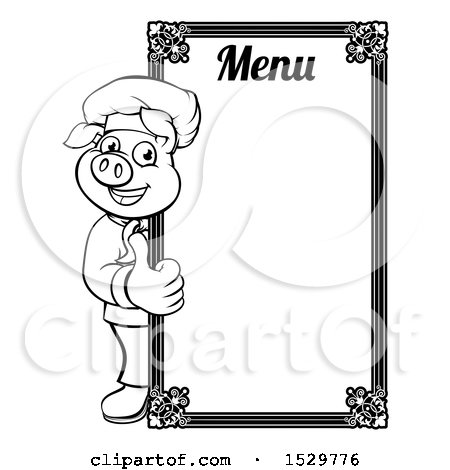 Clipart of a Black and White Chef Pig Giving a Thumb up Around a Menu Board - Royalty Free Vector Illustration by AtStockIllustration