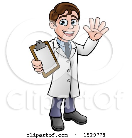 Clipart of a Cartoon Young Male Scientist Holding a Clipboard and Waving - Royalty Free Vector Illustration by AtStockIllustration