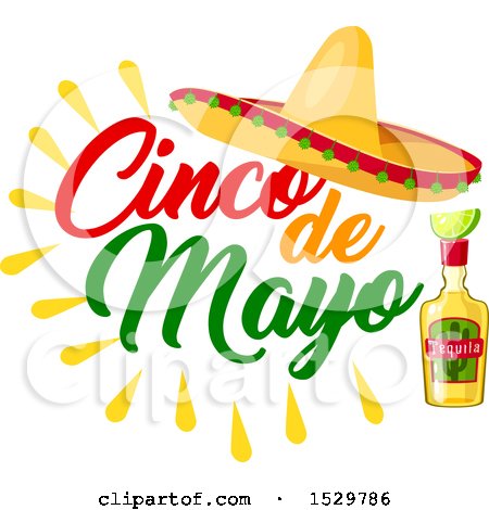 Clipart of a Cinco De Mayo Design with a Sombrero and Bottle of Tequila - Royalty Free Vector Illustration by Vector Tradition SM