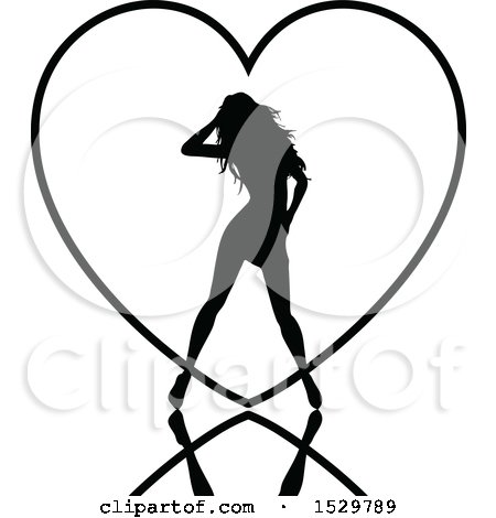 Clipart of a Black Silhouetted Sexy Woman over a Heart Outline, with a Reflection - Royalty Free Vector Illustration by KJ Pargeter
