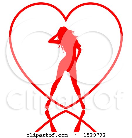Clipart of a Red Silhouetted Sexy Woman over a Heart Outline, with a Reflection - Royalty Free Vector Illustration by KJ Pargeter