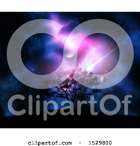 Clipart of a 3d Silhouetted Tree on a Hill Against a Vibrant Night Nebula Sky with Planets - Royalty Free Illustration by KJ Pargeter