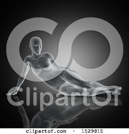 Clipart of a 3d Xray Woman with Visible Muscles, Relaxing on the Ground, on a Dark Background - Royalty Free Illustration by KJ Pargeter