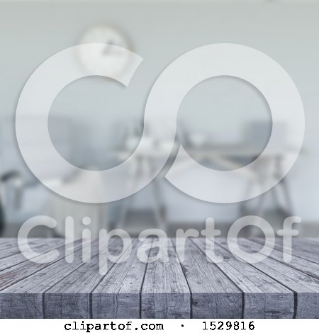 Clipart of a 3d Gray Wooden Surface in a Blurred Room - Royalty Free Illustration by KJ Pargeter