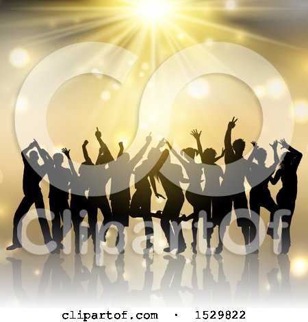 Clipart of a Silhouetted Group of People Dancing Under a Golden Burst - Royalty Free Vector Illustration by KJ Pargeter
