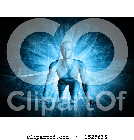 Clipart of a 3D Man in a Running Start Position over Blue Techno Connections - Royalty Free Illustration by KJ Pargeter