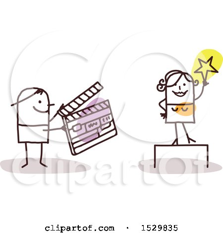 Clipart of a Stick Man Movie Director Holding a Clapper Board by an Actress - Royalty Free Vector Illustration by NL shop