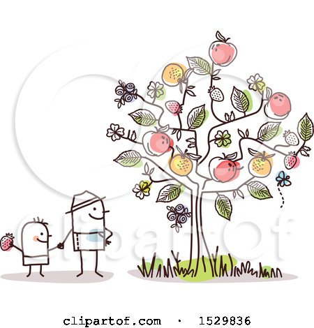 Clipart of a Stick Man Father and Son by a Fruiting Tree - Royalty Free Vector Illustration by NL shop