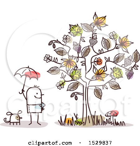 Clipart of a Stick Man and Dog by an Autumn Tree - Royalty Free Vector Illustration by NL shop