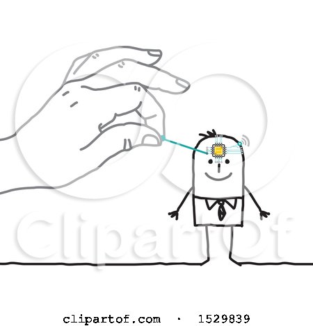 Clipart of a Hand Insterting a Chip in a Stick Mans Brain - Royalty Free Vector Illustration by NL shop