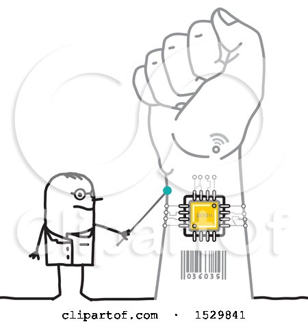 Clipart of a Stick Man Scientist Discussing a Chip in a Hand - Royalty Free Vector Illustration by NL shop