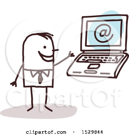 Clipart of a Stick Business Man by a Laptop Computer - Royalty Free Vector Illustration by NL shop
