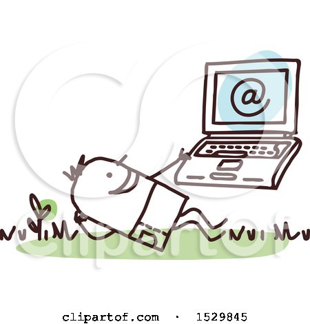 Clipart of a Stick Man Using a Laptop Outdoors - Royalty Free Vector Illustration by NL shop