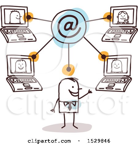 Clipart of a Stick Business Man Having a Conference with Laptop Computers - Royalty Free Vector Illustration by NL shop