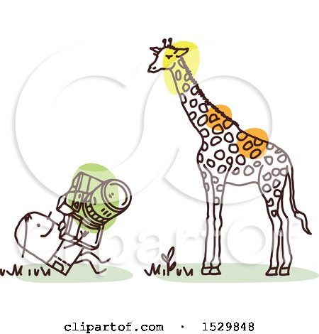 Clipart of a Stick Man Photographer Taking Pictures of a Giraffe - Royalty Free Vector Illustration by NL shop