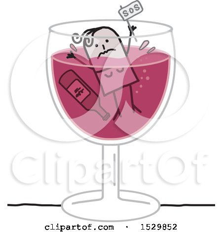 Clipart of a Stick Woman Alcoholic Drowning in a Wine Glass - Royalty Free Vector Illustration by NL shop