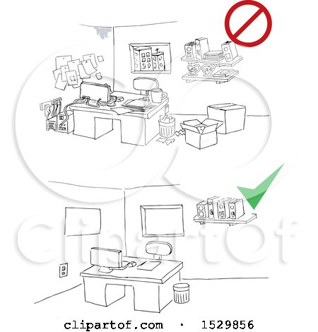 Clipart of a Dirty Office and a Scene with a Clean Office - Royalty Free Vector Illustration by David Rey