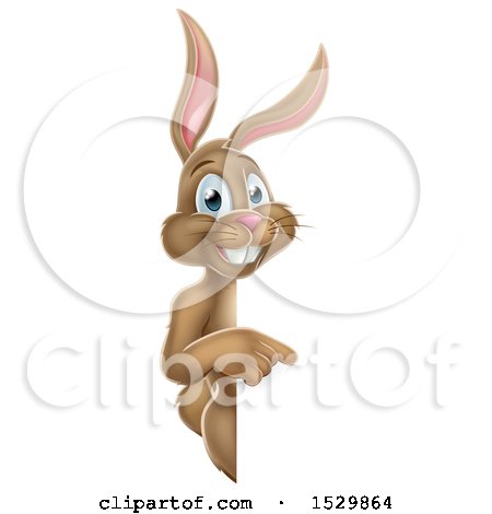 Clipart of a Happy Brown Easter Bunny Rabbit Pointing Around a Sign - Royalty Free Vector Illustration by AtStockIllustration