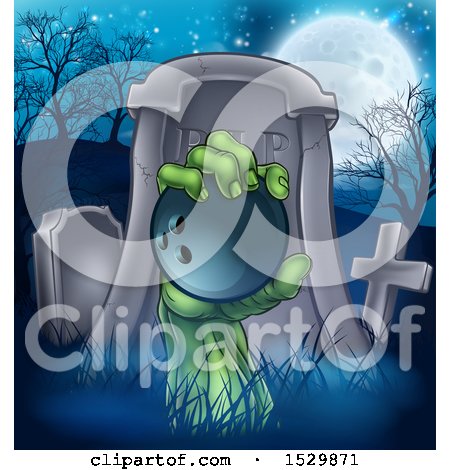 Clipart of a Rising Zombie Hand Holding a Bowling Ball in a Cemetery - Royalty Free Vector Illustration by AtStockIllustration