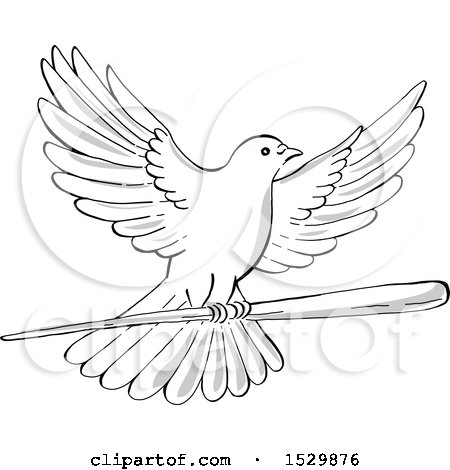 Clipart of a Sketched Flying Dove with a Wand or Wooden Staff - Royalty Free Vector Illustration by patrimonio