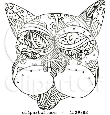 Clipart of a French Bulldog Face in Black and White Adult Coloring Page Style - Royalty Free Vector Illustration by patrimonio