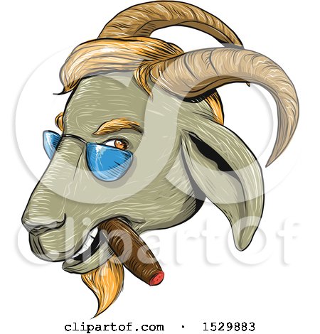 Clipart of a Sketched Hipster Goat Smoking a Cigar and Wearing Shades - Royalty Free Vector Illustration by patrimonio