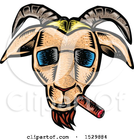 Clipart of a Woodcut Hipster Goat Smoking a Cigar and Wearing Shades - Royalty Free Vector Illustration by patrimonio