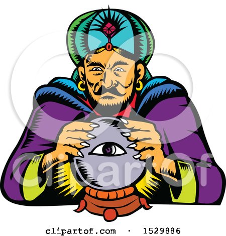 Clipart of a Woodcut Retro Fortune Teller with a Crystal Ball - Royalty Free Vector Illustration by patrimonio