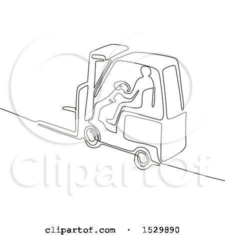 Clipart of a Worker Operating a Forklift, Black and White Continuous Line Drawing Style - Royalty Free Vector Illustration by patrimonio