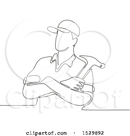 Clipart of a Construction Worker with a Hammer in Folded Arms, Black and White Continuous Line Drawing Style - Royalty Free Vector Illustration by patrimonio