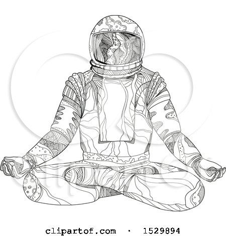 Clipart of a Sketched Black and White Astronaut Sitting in Lotus Pose - Royalty Free Vector Illustration by patrimonio