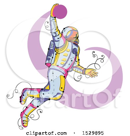 Clipart of a Sketched Astronaut Jumping and Dunking a Basketball - Royalty Free Vector Illustration by patrimonio
