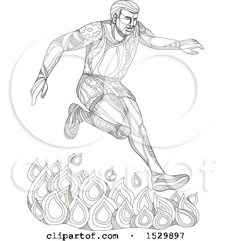 Clipart of a Doodle Styled Man Leaping over Fire in an Obstacle Course - Royalty Free Vector Illustration by patrimonio