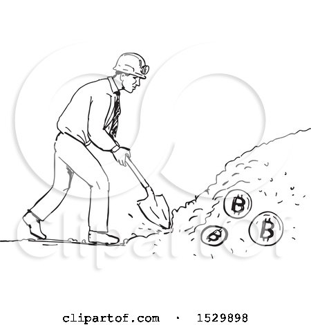 Clipart of a Sketched Bitcoin Miner Digging with a Spade - Royalty Free Vector Illustration by patrimonio