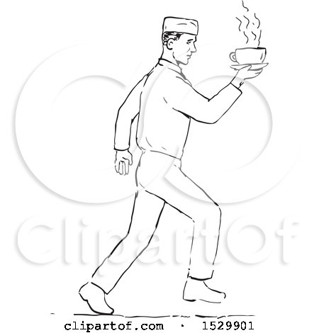 Clipart of a Sketched Waiter Serving Coffee - Royalty Free Vector Illustration by patrimonio