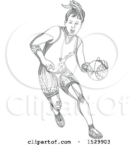 Clipart of a Doodle Styled Female Basketball Player Dribbling - Royalty Free Vector Illustration by patrimonio