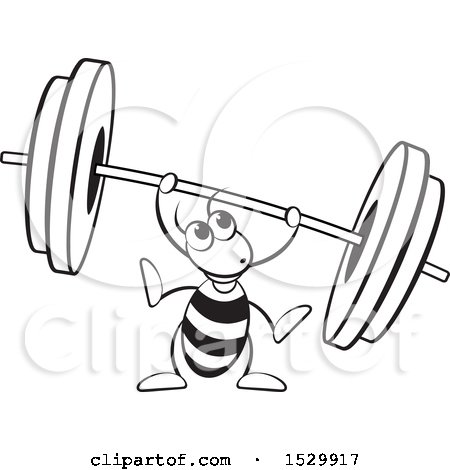 Clipart of a Black and White Ant Lifting a Heavy Barbell - Royalty Free Vector Illustration by Lal Perera