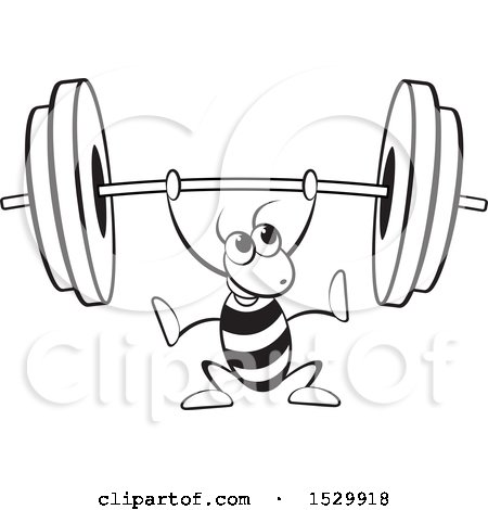 Clipart of a Black and White Ant Lifting a Barbell - Royalty Free Vector Illustration by Lal Perera