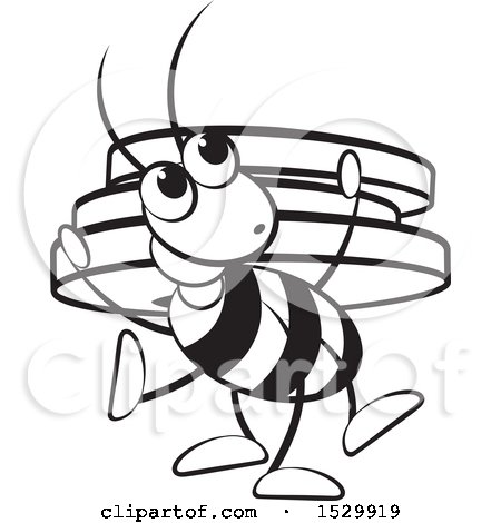 Clipart of a Black and White Ant Carrying Plate Weights on His Back - Royalty Free Vector Illustration by Lal Perera