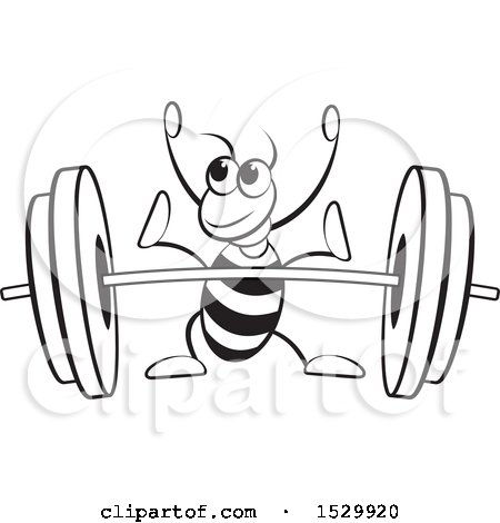 Clipart of a Black and White Ant Ready to Lift a Barbell - Royalty Free Vector Illustration by Lal Perera
