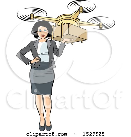Clipart of a Business Woman Holding a Delivery Drone with a Package - Royalty Free Vector Illustration by Lal Perera