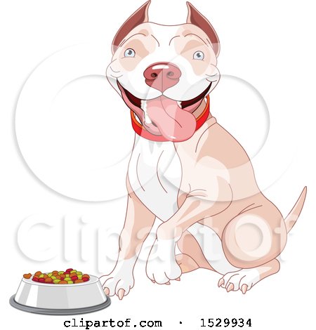 Clipart of a Happy Tan and White Pit Bull Dog Sitting by a Pet Food Bowl - Royalty Free Vector Illustration by Pushkin