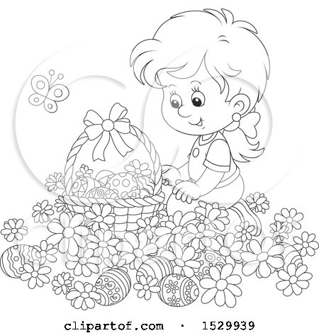 Clipart of a Happy Black and White Girl Kneeling in Daisy Flowers by an Easter Basket - Royalty Free Vector Illustration by Alex Bannykh
