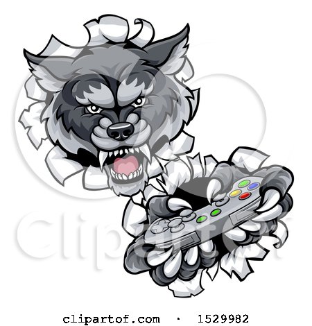 Clipart of a Mad Wolf Mascot Holding a Video Game Controller and Breaking Through a Wall - Royalty Free Vector Illustration by AtStockIllustration