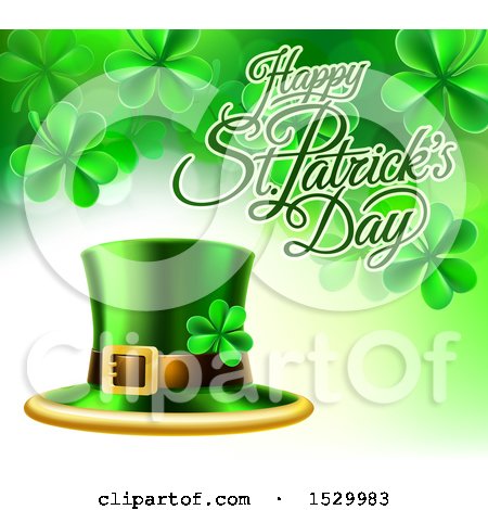 Clipart of a Happy St Patricks Day Greeting with a Leprechaun Hat and Shamrocks - Royalty Free Vector Illustration by AtStockIllustration