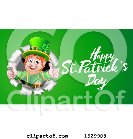 Clipart of a Happy St Patricks Day Greeting by a Leprechaun Breaking Through a Wall on Green - Royalty Free Vector Illustration by AtStockIllustration